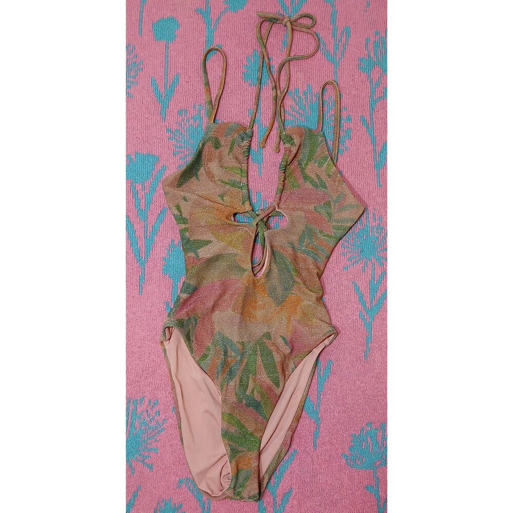 P2f womens small green tan shimmer swimsuit bathing suit dainty Coquette